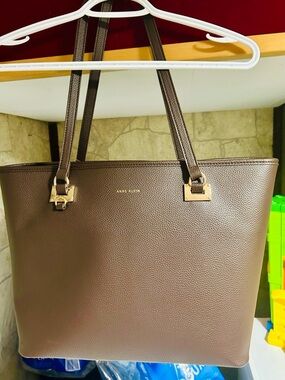 Anne Klein Dark Brown Pebbled Leather Tote with Gold Hardware